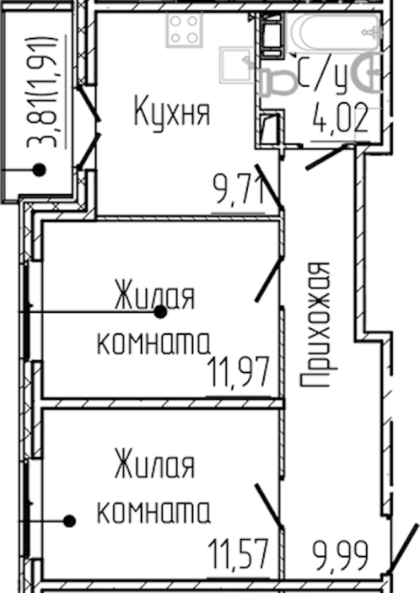 2-комнатная квартира 49.17 м², 3/8 эт., ЖК «SERTOLOVO PARK»